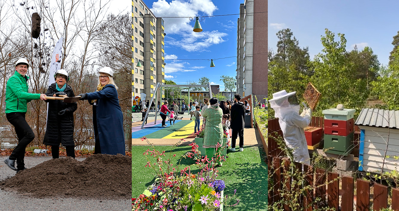 Montage med spadtag, fest i park och bigård.