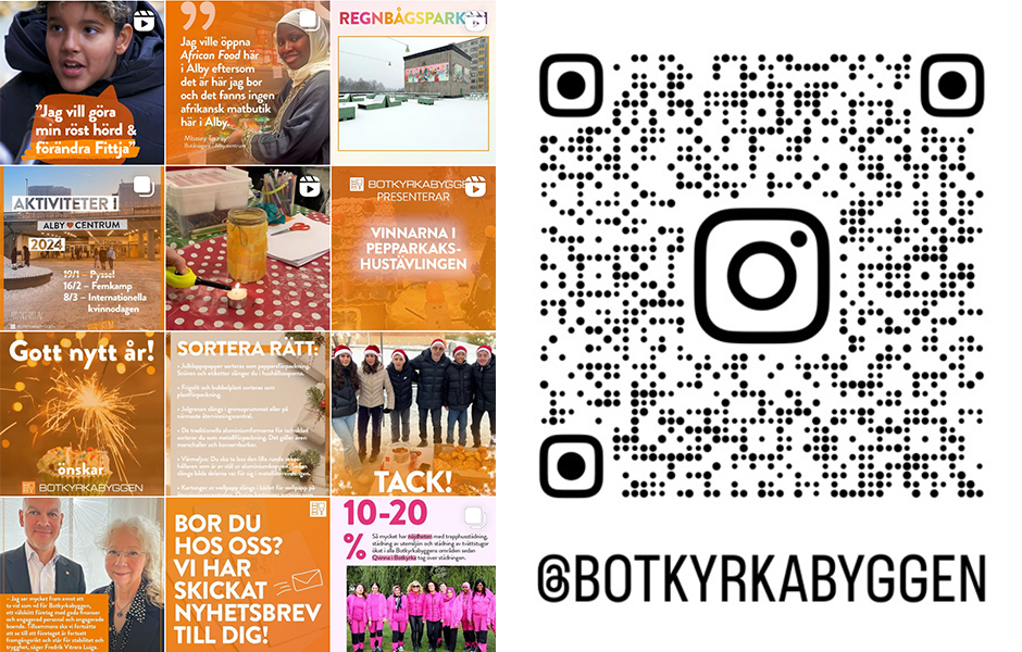 Till vänster: en skärmdump av Botkyrkabyggens instagramflöde. Till höger en QR-kod.