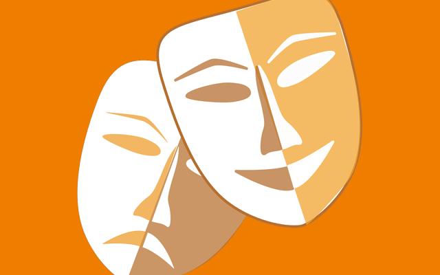 Två teatermasker mot orange bakgrund