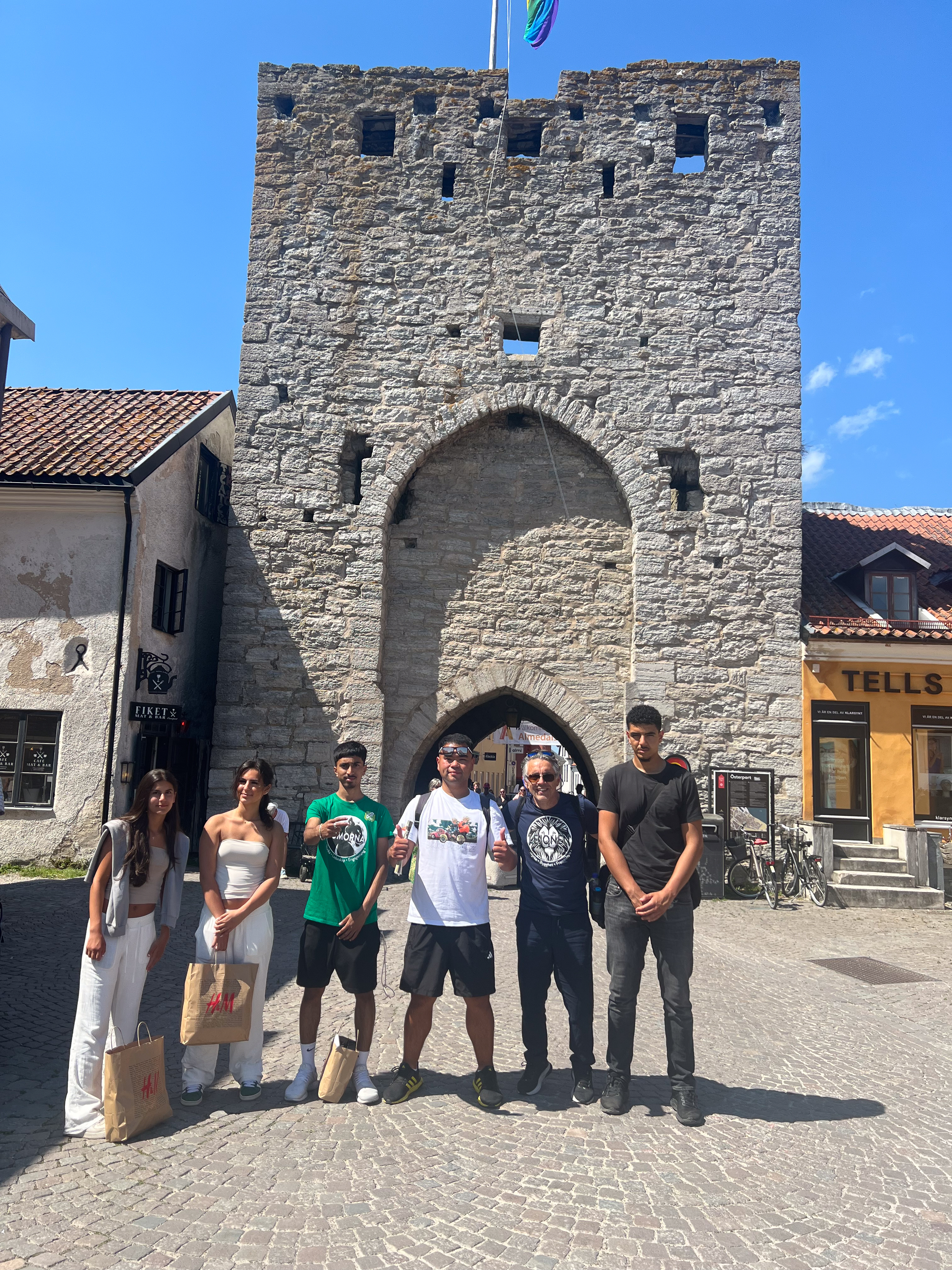 Sex personer står framför ringmuren i Visby.
