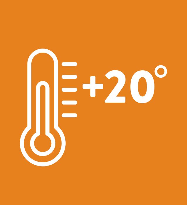 en ikon av en termometer och texten + 20 grader mot en orange bakgrund