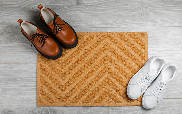 Två par skor står på en dörrmatta.