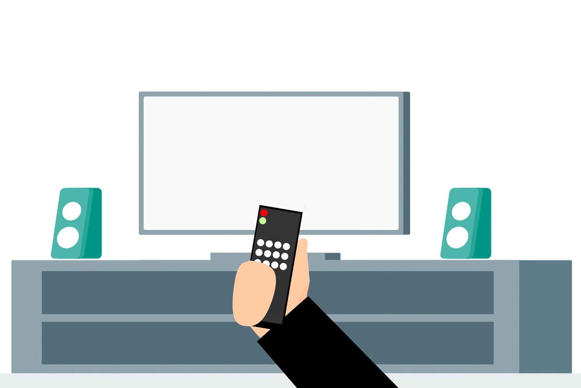 Digital illustration som föreställer en smart-tv och två högtalare på en tv-bänk. Framför tv:n syns en hand som håller i en fjärrkontroll.