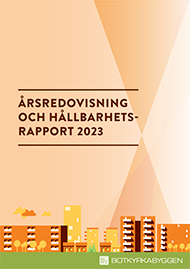 Orange omslag med husrad till Årsredovisning och hållbarhetsrapport 2023